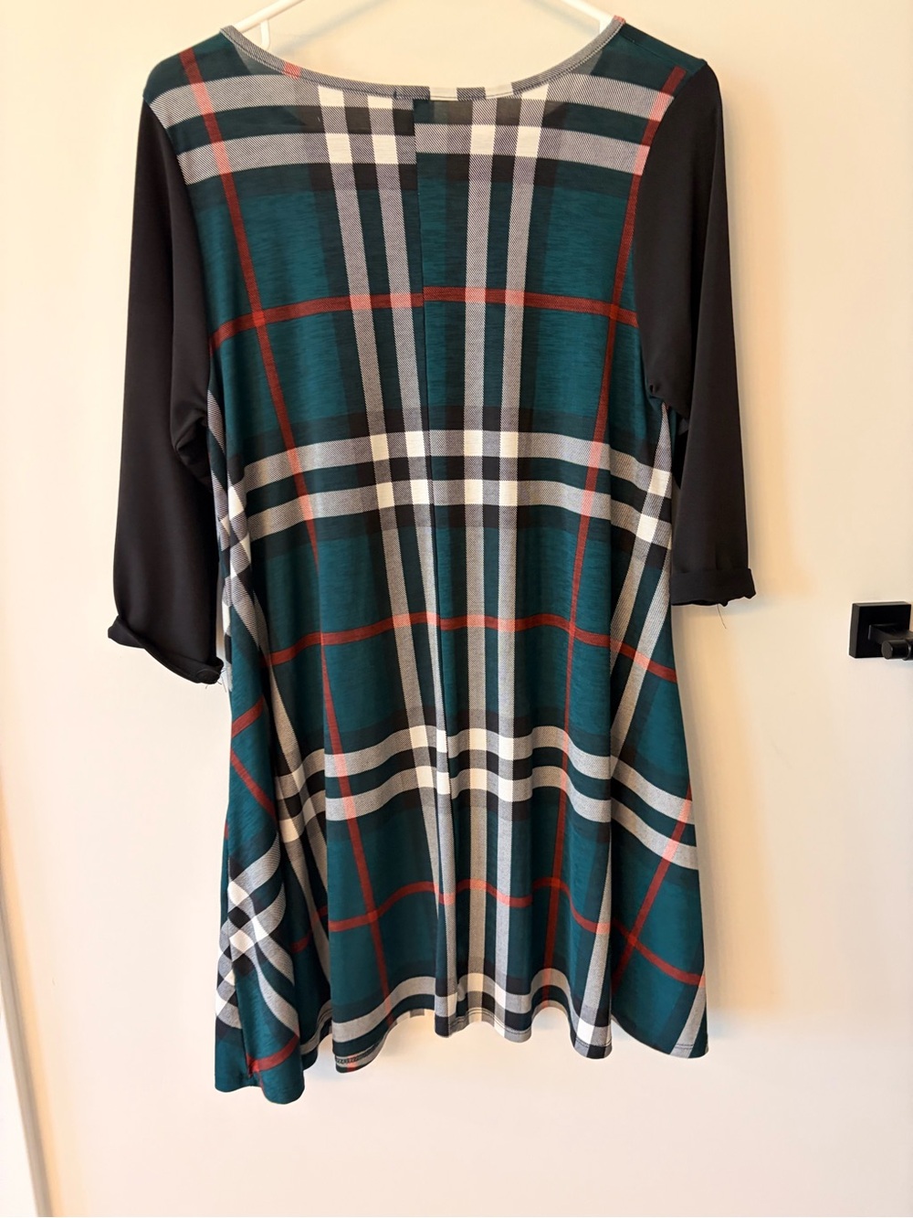 Plaid Swing Tunic Top with Black Sleeves - Green Plaid